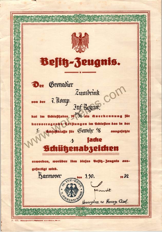 Shooting award document for Grenadier Zumbrink for 98 rifle dated 1932