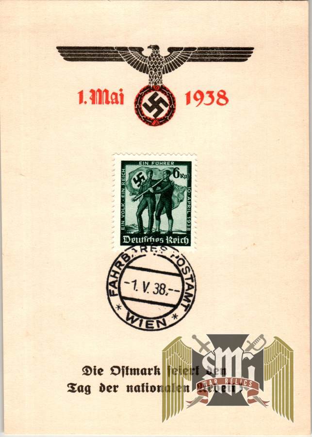 1938 1. Mai Labour day first issue canceld stamp on card