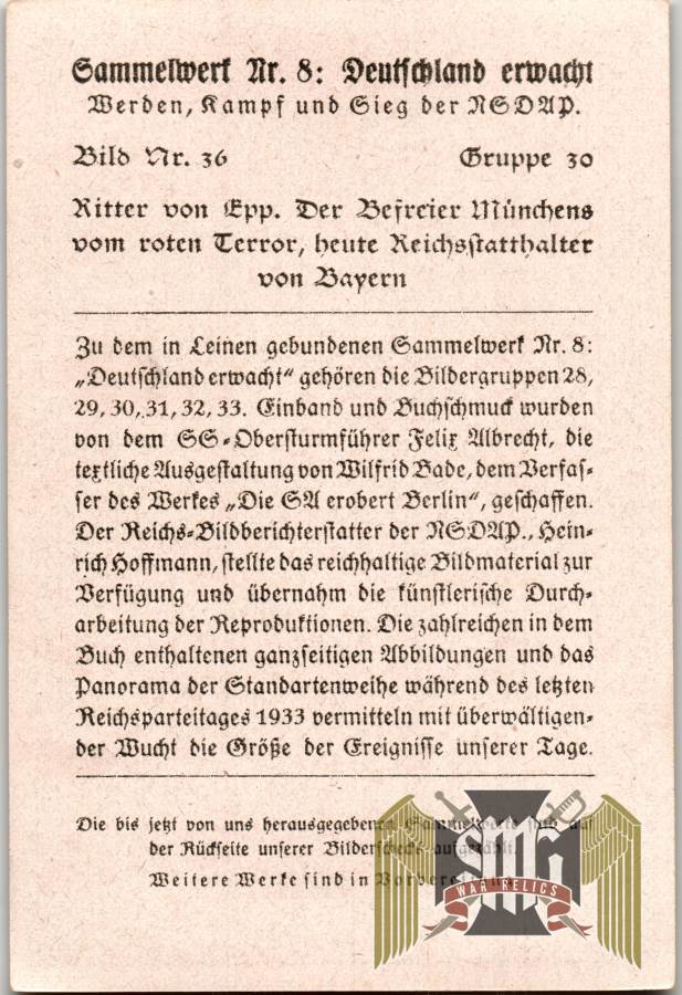 Germany Awakes Cigarette album card/photo Ritter von Epp