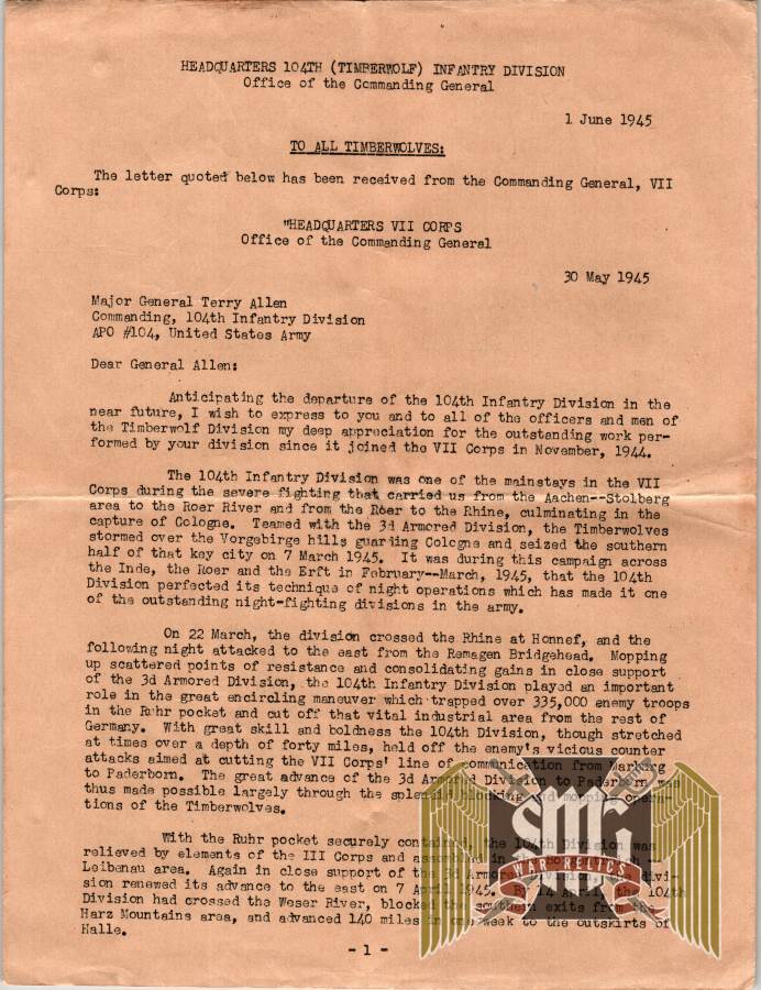 Commendation Letter to the Timber Wolves From Lieutenant General J. Lawton Collins dated June 1 1945