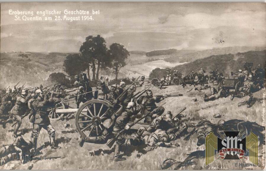 WW1 post card Capture of the British Guns at St. Quentin 1914