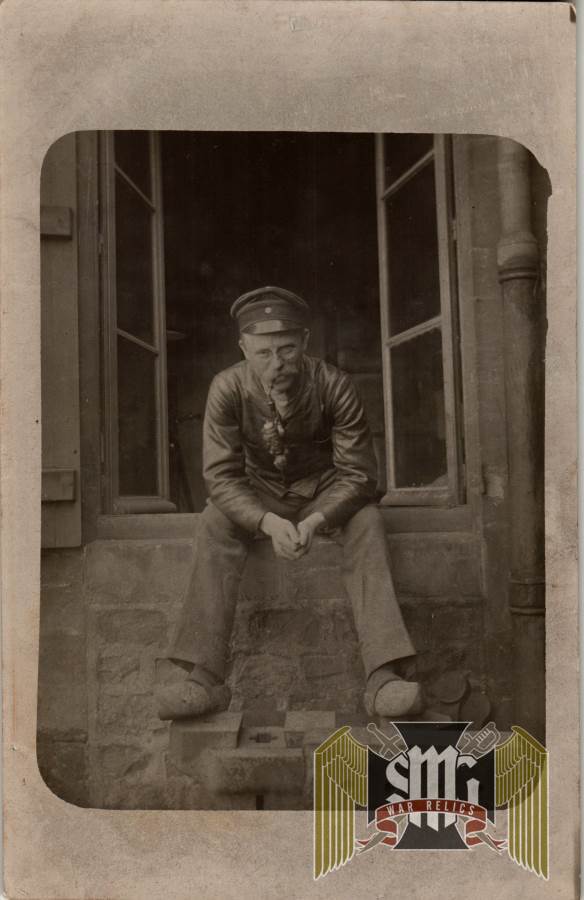 WW1 post card Leather jacket and clogs w/pipe