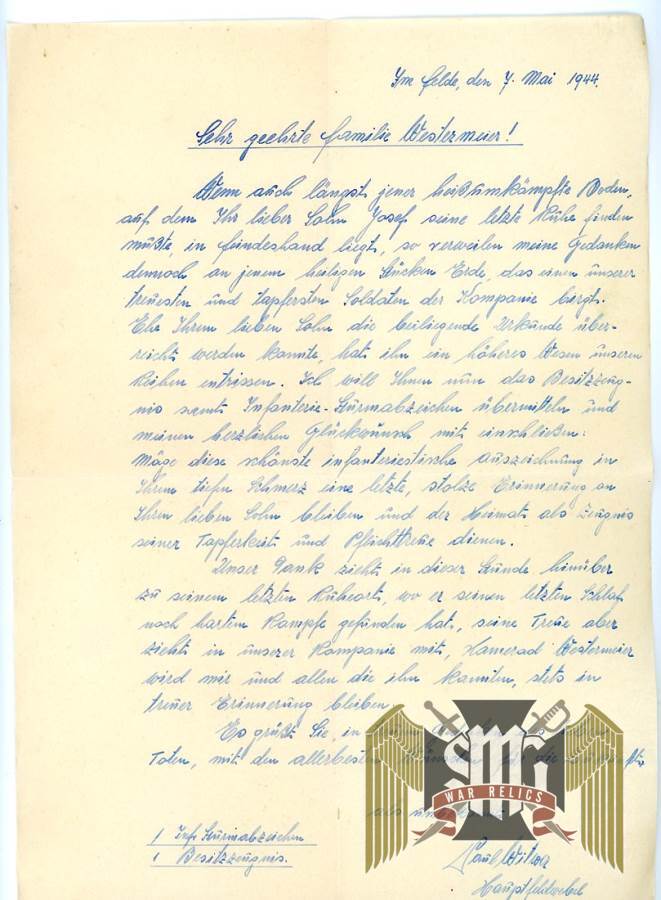 3231 Letter to Westermaier Family regarding Death of son. From Hauptfelwebel