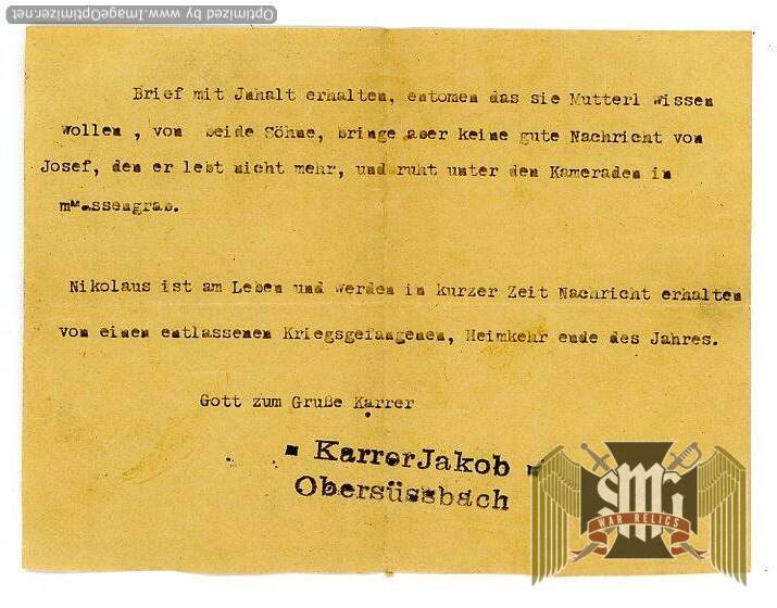 Letter Regarding loss of son in Russia from Westermaier grouping
