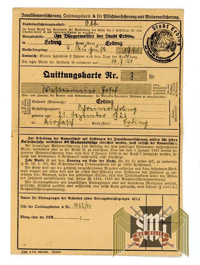 Receipt card for disabilty insurance from Westermaier grouping
