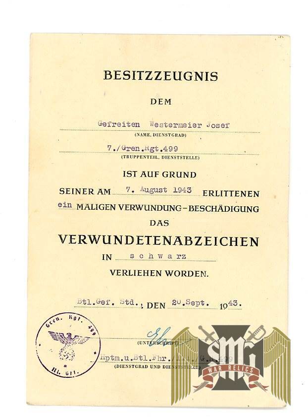Black wound Badge Award document "Westermeier" 9/1943