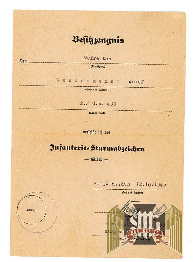 SMGM-3237 Infantry Assault badge in Silver Award Document "Westermeier" 10/1943