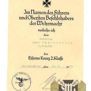 Iron Cross First Class award document from Westermaier grouping