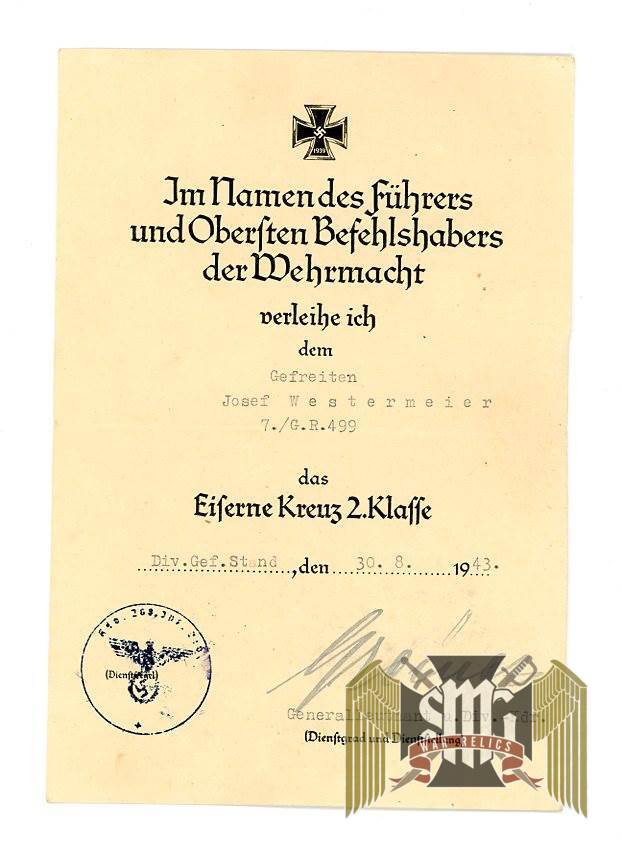 Iron Cross First Class award document from Westermaier grouping