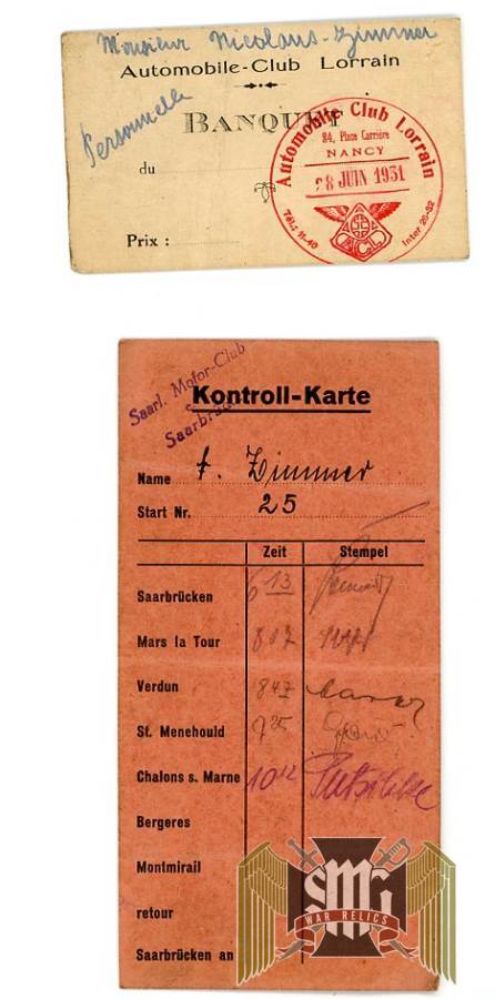 Automobile club Banquit ticket & Race/event Time slip 1931