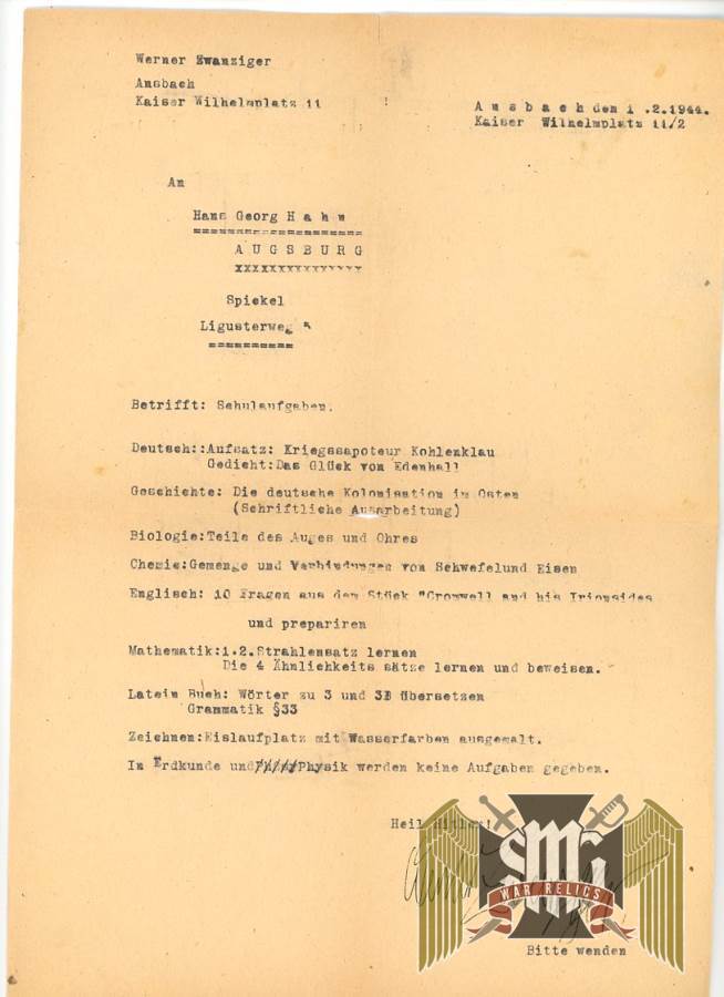 SMGM-3318 German Letter 1944 School related?