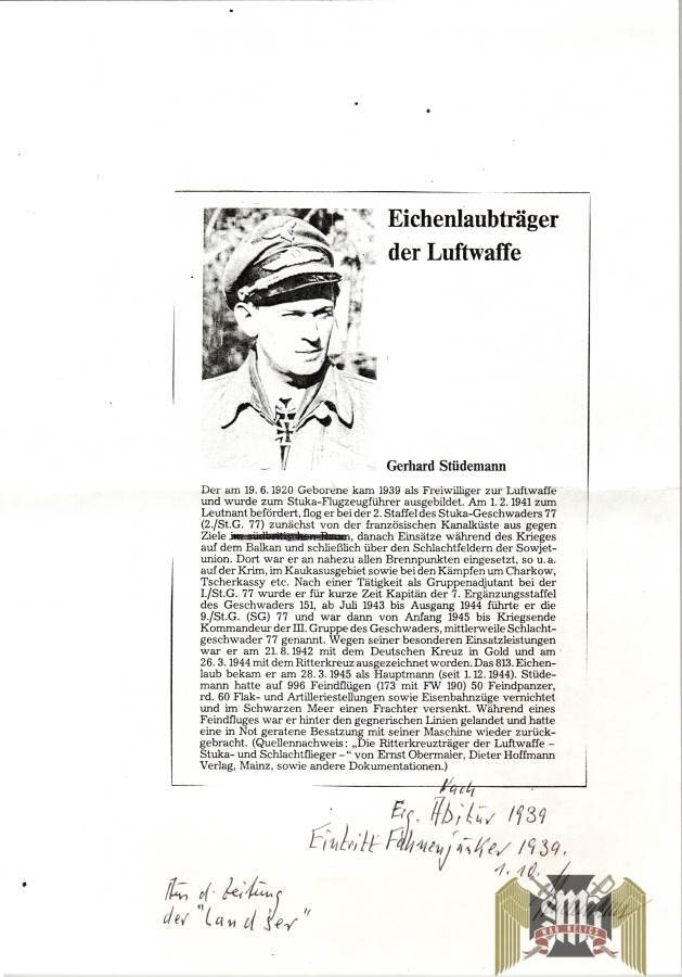 Gerhard Stüdemann Knights Cross w/oak leaves Winner signatures (3) Photo and note