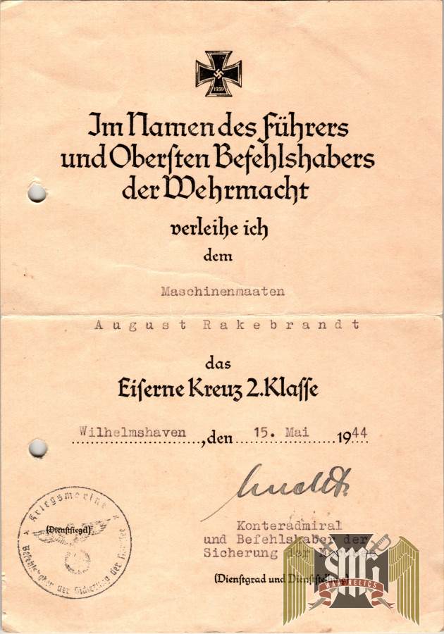 Iron Cross 2nd Class Document with Rear Admiral ERNST LUCHT signature (knights cross winner)