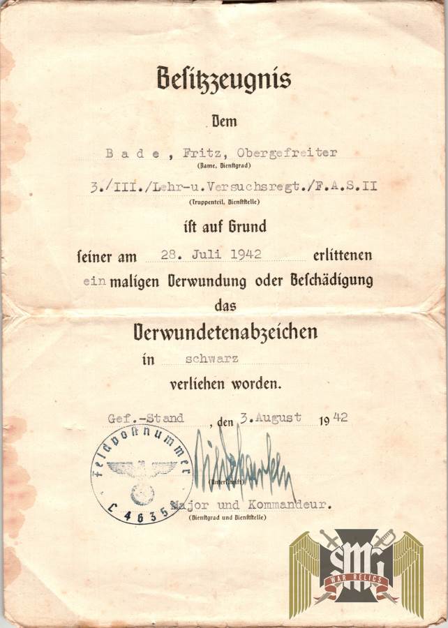 Black wound badge Document for Fritz Bade
