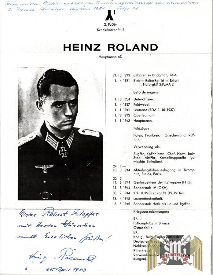Knights cross signature of Heinz Roland