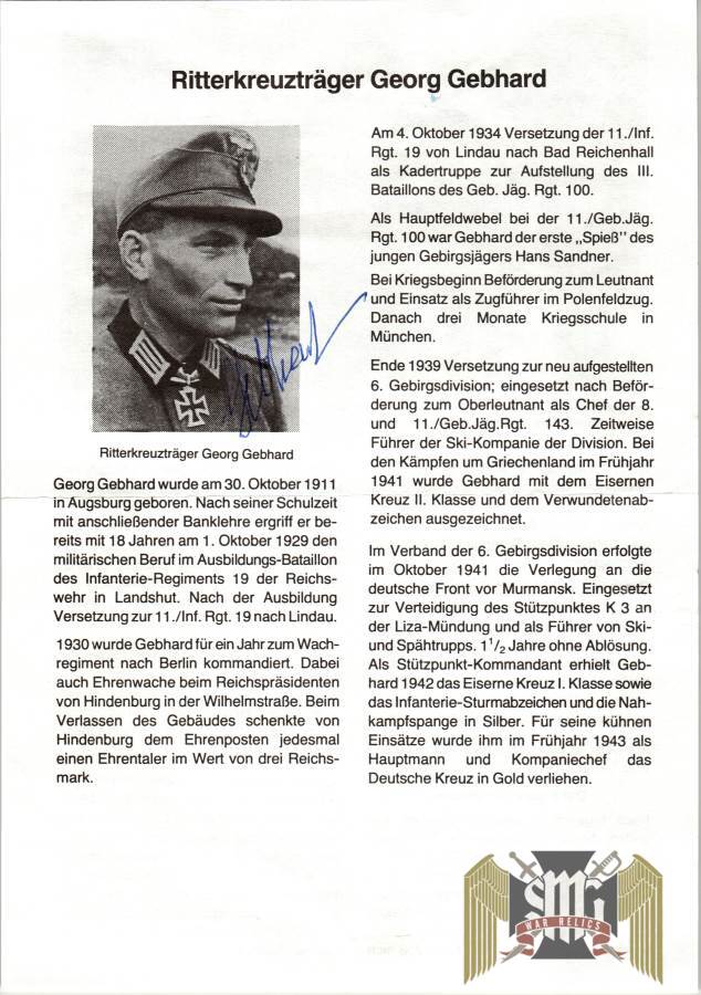 Knights Cross Winner Signature Of Georg Gebhard