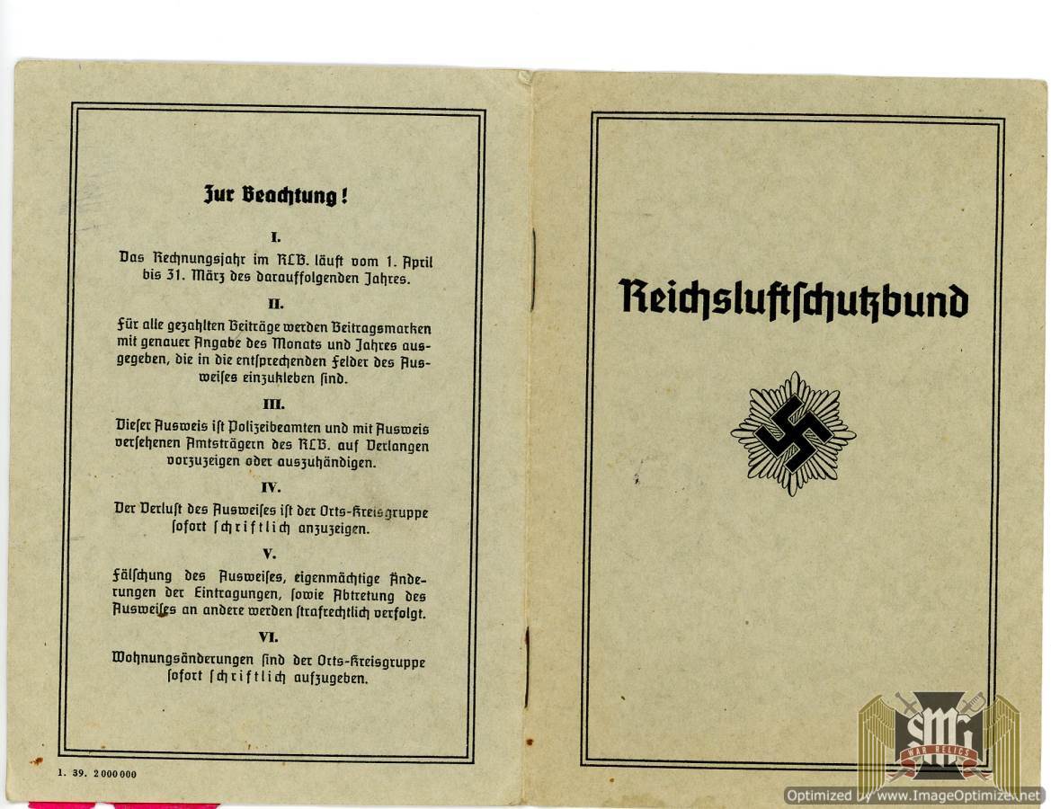 reichsluftschutzbund (RLB) dues book