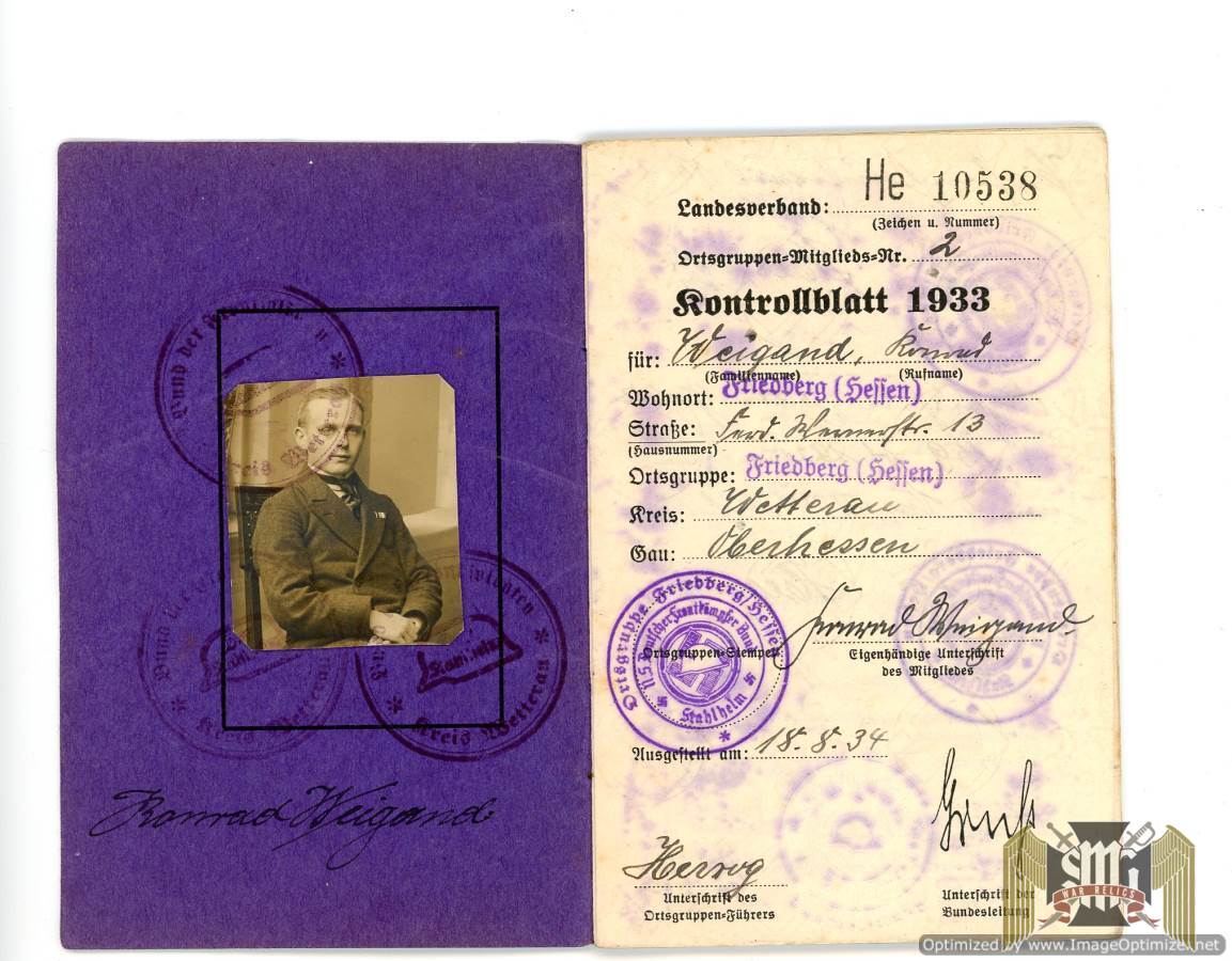 NS Deutsche Fronkämpfer Bund (Stahlhelm) member book