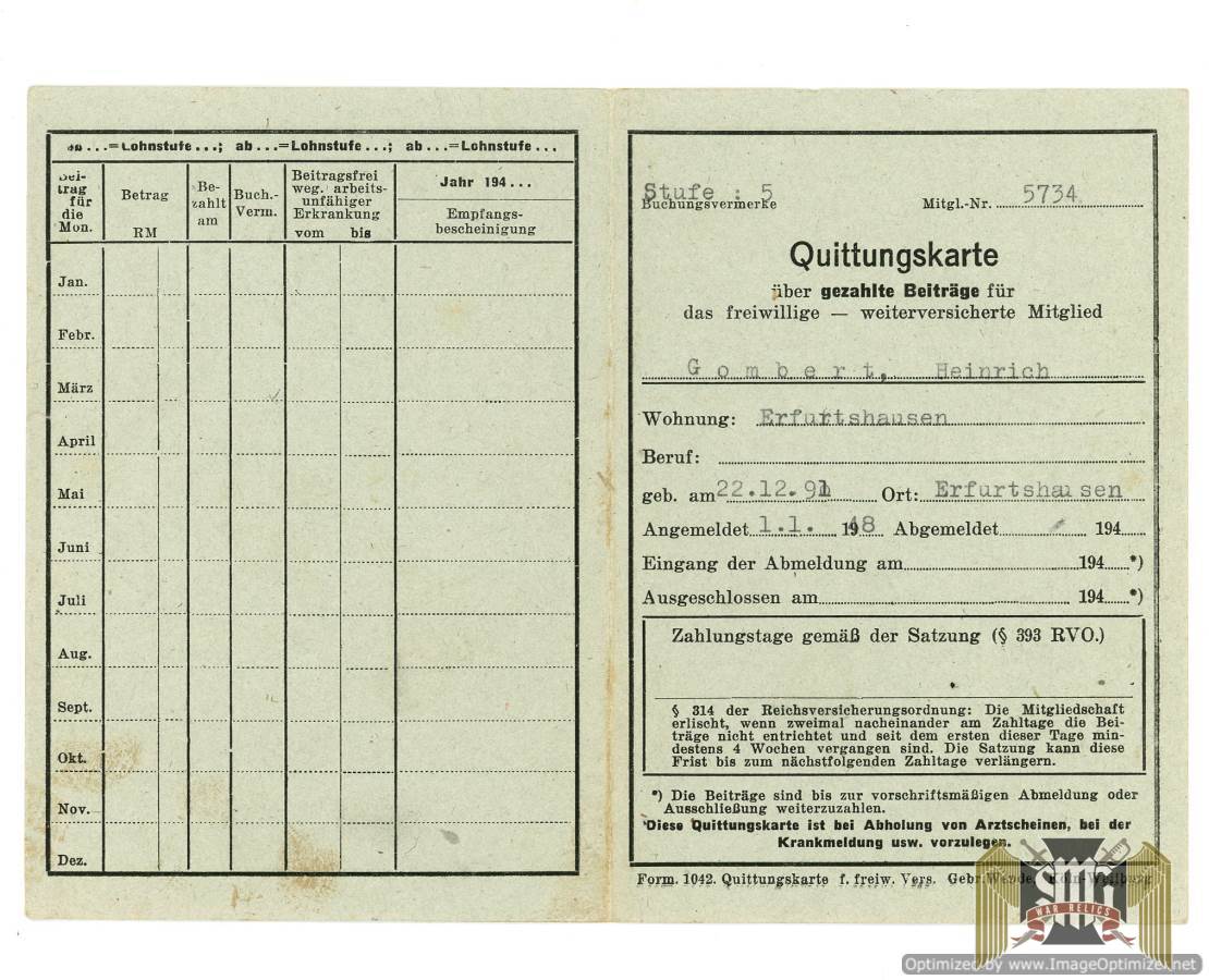 German Insurance receipt card dated 1948