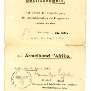 Kriegsmarine Afrika cuff title document Artur Schuettke Grouping