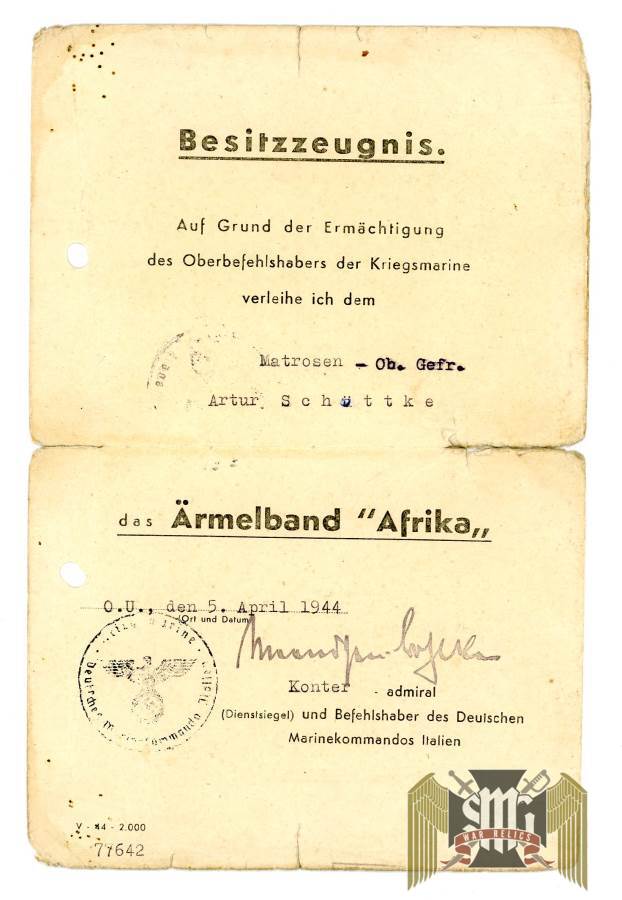Kriegsmarine Afrika cuff title document Artur Schuettke Grouping