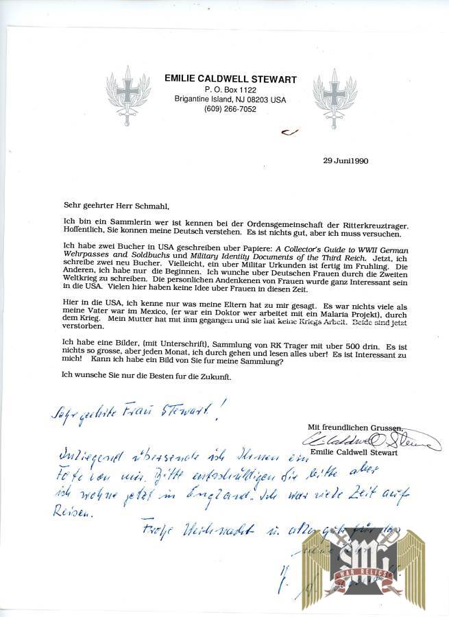 Knights Cross Winner Lt. Adolf Schmahl signed photo and letter from Emilie Caldwell Stewart with additional Signature