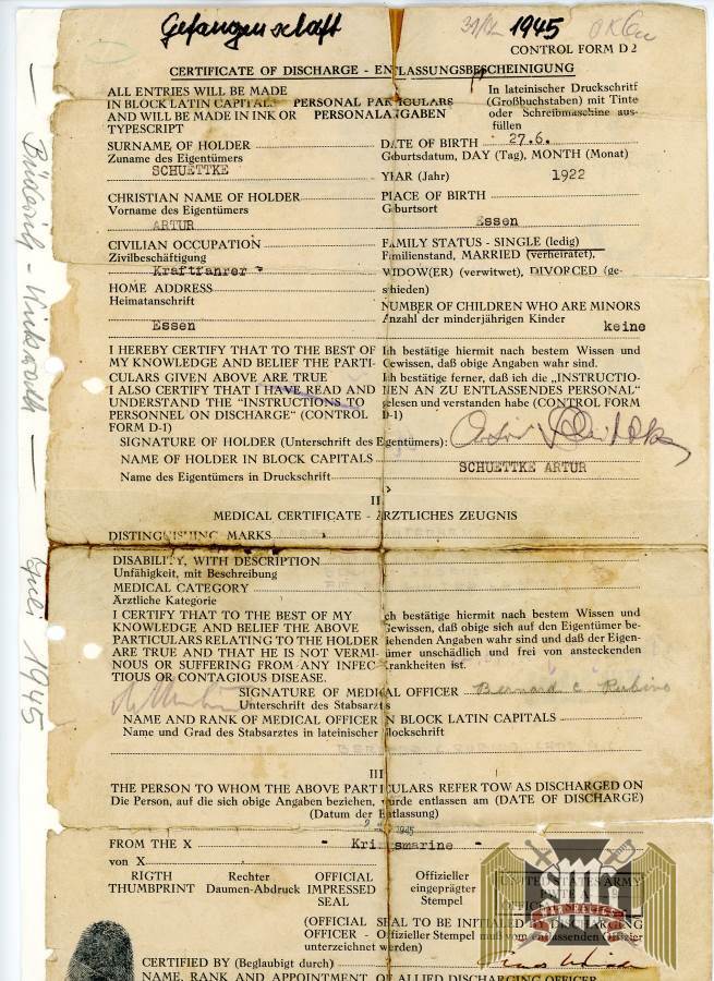 Kreigsmarine Allied Type July 1945 Discharge Document From Artur Schuettke Grouping