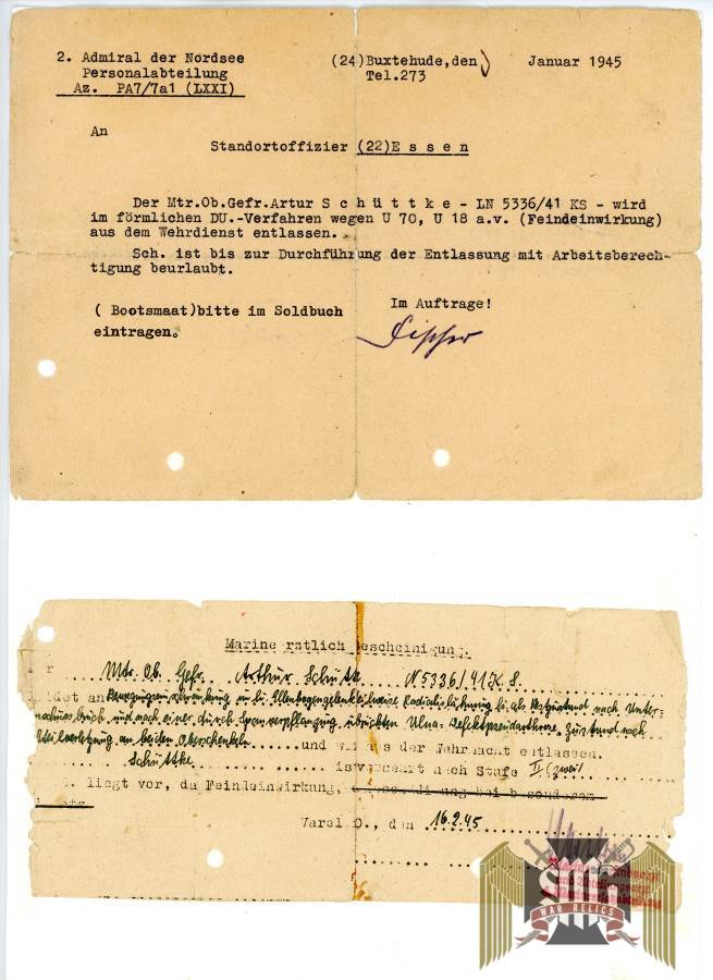 Release document mentioning U70 and U18 and Medical note with Kriegsmarine Dr. signature