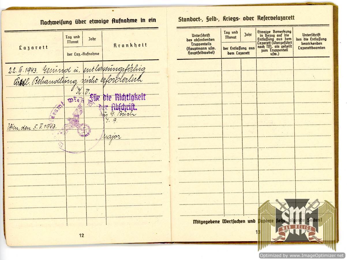 Soldbuch With Entry into Sudentenland and Hindenburg Cross Award notations