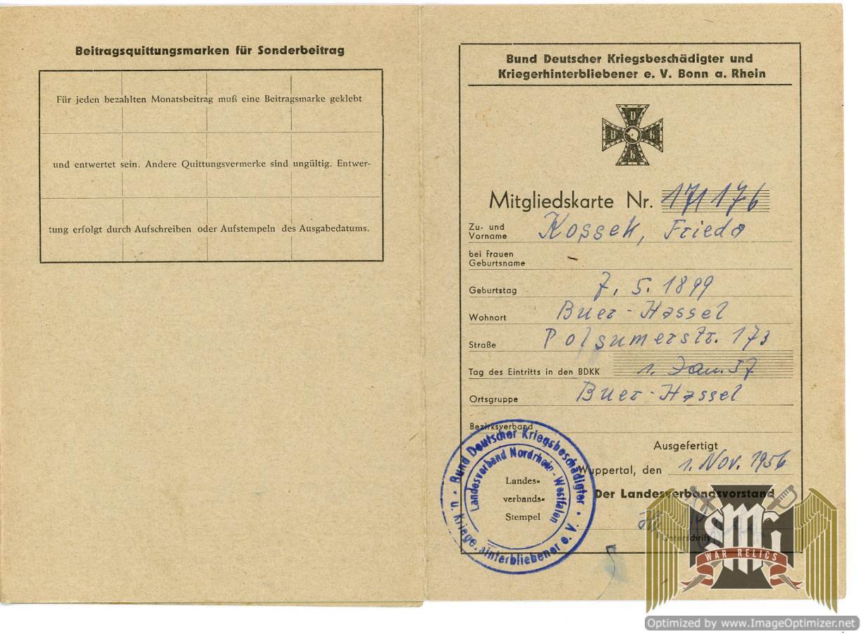 Association for German War Disabled Member book