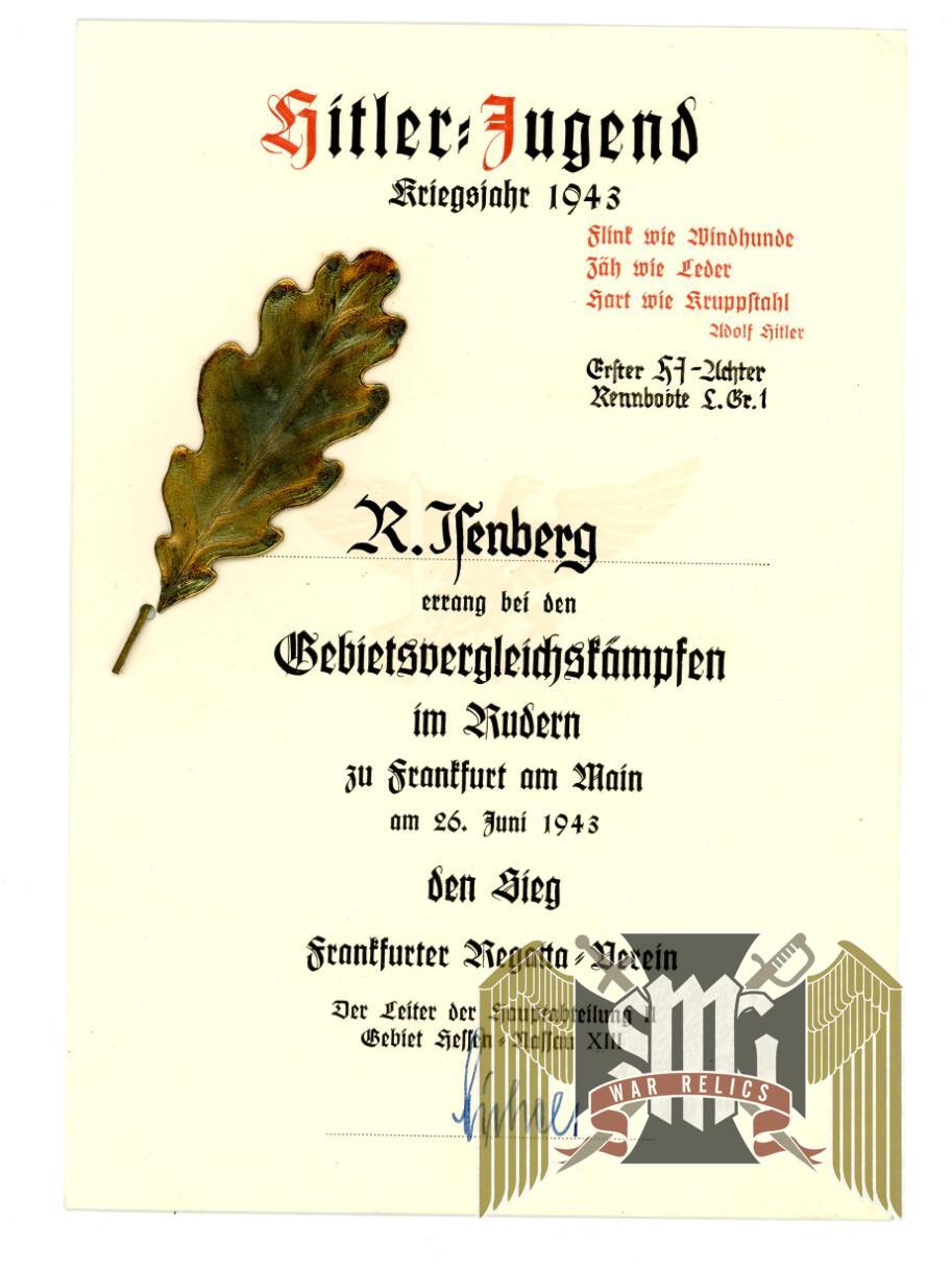 Hitler Youth Rowing Competition Award Document from Isenberg Grouping