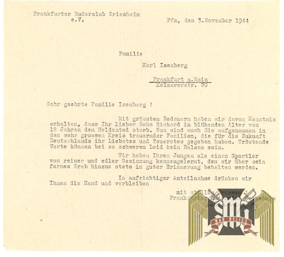 Condolence letter from Frankfurt Rowing Club on Death of Member Isenberg Grouping