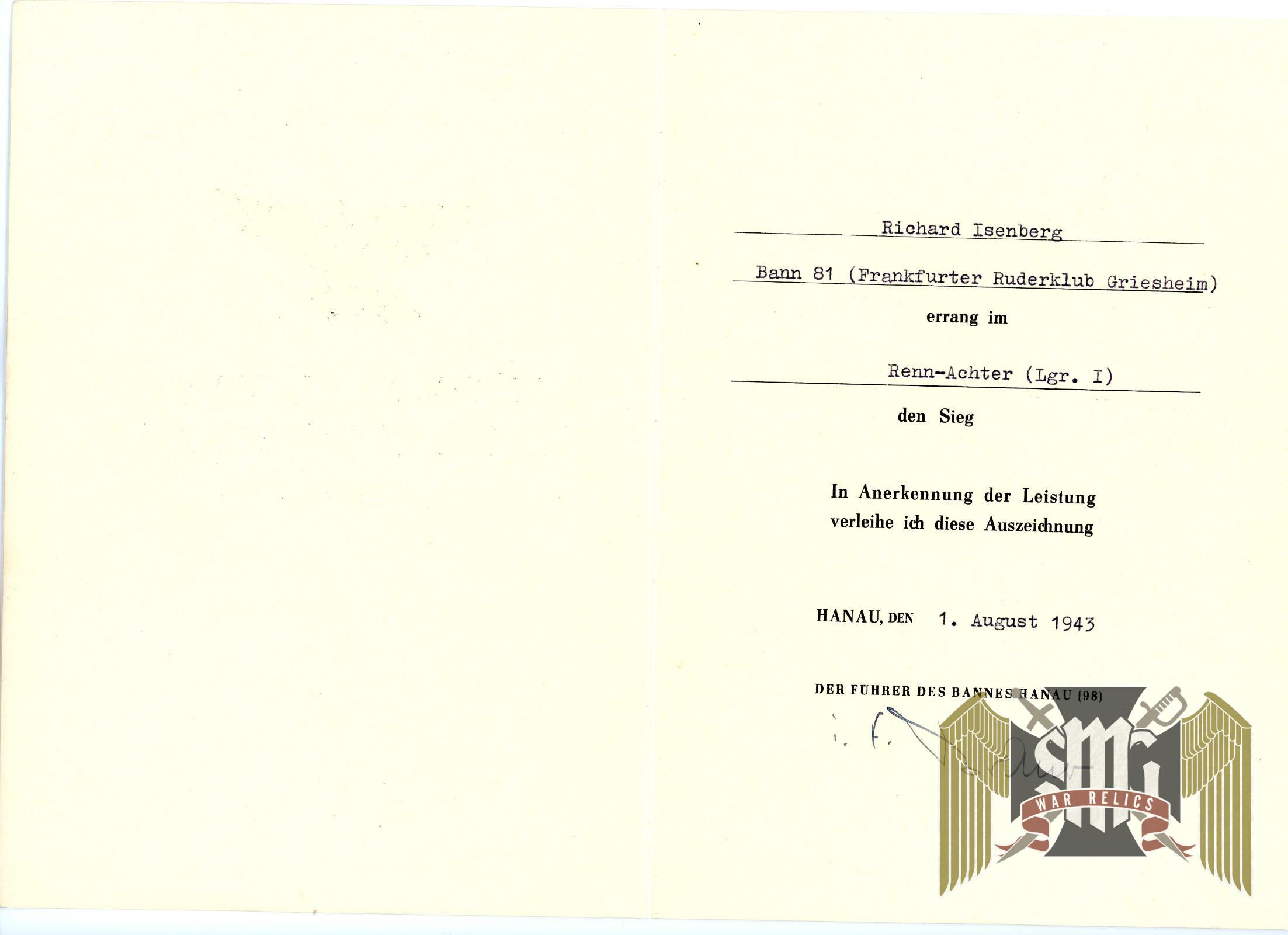 Hitler Youth Rowing Competition Award Document from Isenberg Grouping
