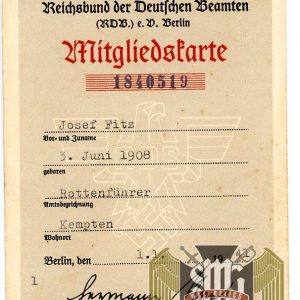 RDB (Reichsbund der Deutschen Beamten) Member Card