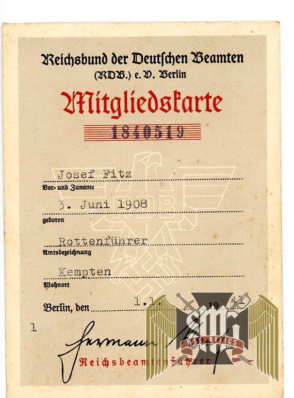 RDB (Reichsbund der Deutschen Beamten) Member Card
