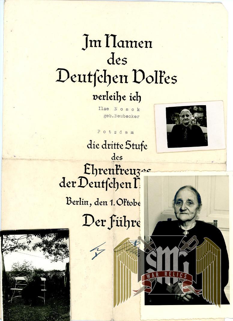 Mother's Cross in Bronze Award Document with Period photos of cross in wear