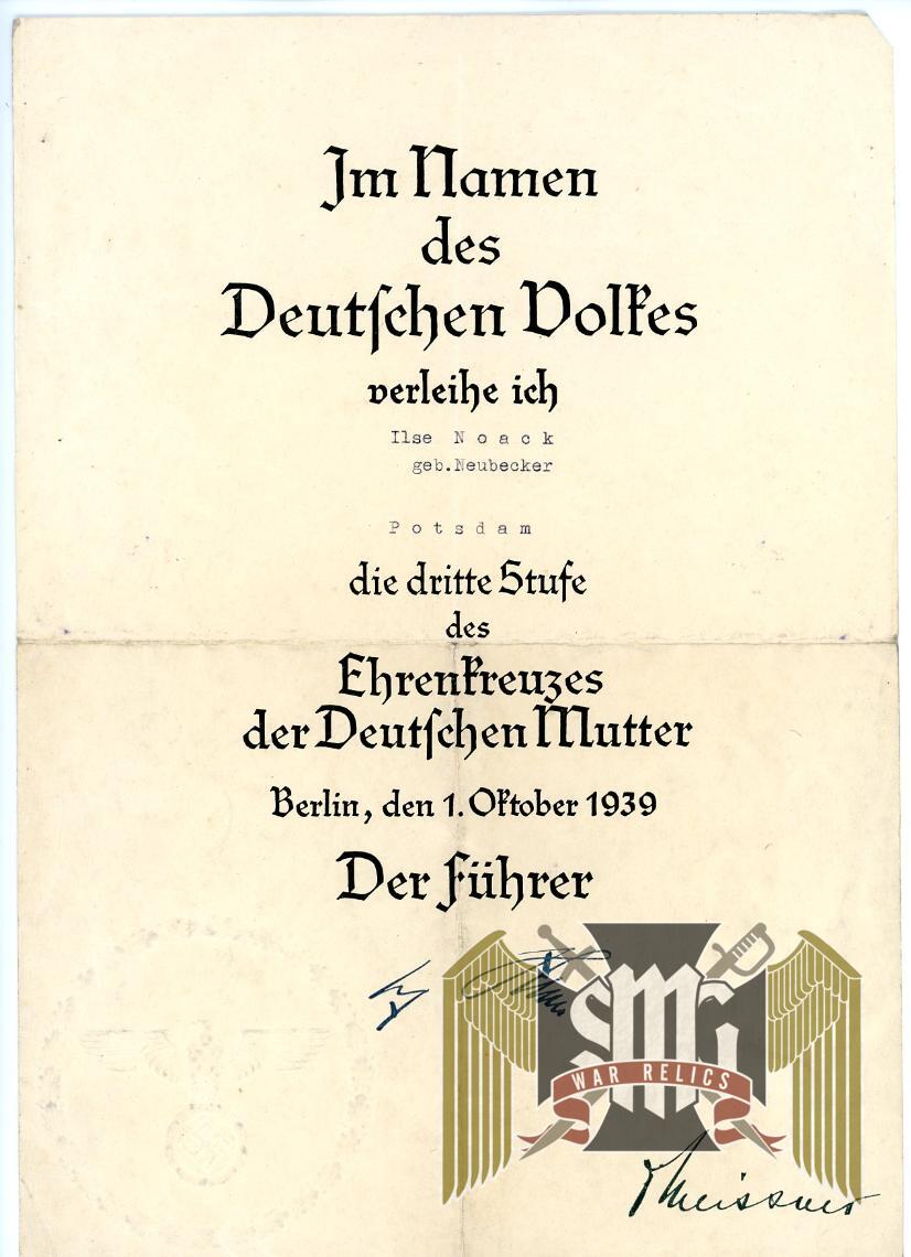 Mother's Cross in Bronze Award Document with Period photos of cross in wear