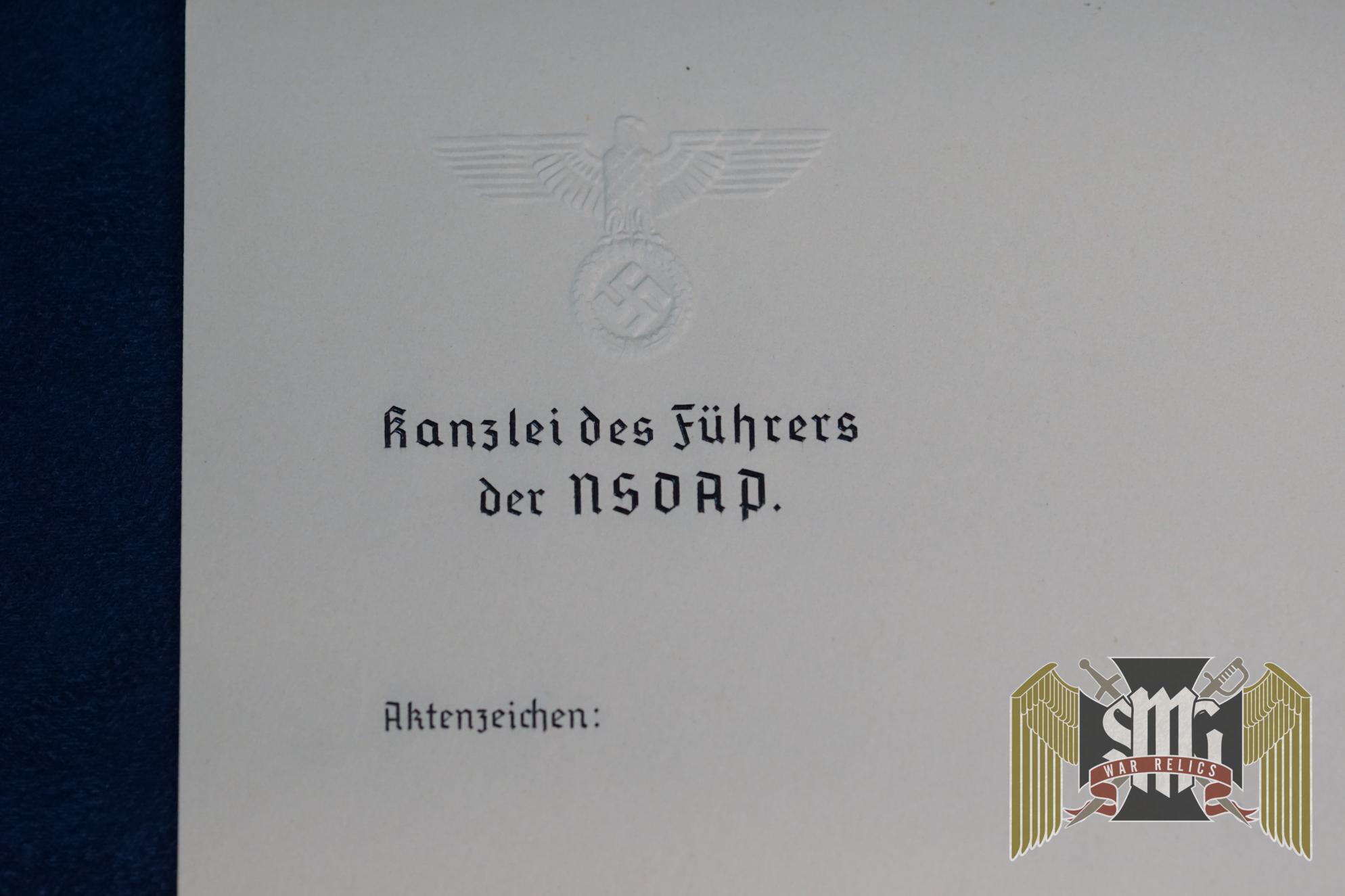 This stationary was recently acquired from a vets' family. The stationary is in remarkable condition with just some small wrinkles as shown in the photos. There are no folds. The writing on the letter head is raised almost gel like, making it easily stand out from reproductions. The ink used has a gloss to it as well. This was a very expensive type of printing back then and would only have been used by wealthy people or people in a high position of power. A fantastic opportunity to add something to your collection that is a little more personal in nature and can be directly connected to Hitler's day to day activities. The paper is 11.75" x 8.25" From wikipedia: Hitler's Chancellery, officially known as the Kanzlei des Führers der NSDAP ("Chancellery of the Führer of the Nazi Party"; abbreviated as KdF)[a] was a Nazi Party organization. Also known as the Privatkanzlei des Führers ("Private Chancellery of the Führer")[b] the agency served as the private chancellery of Adolf Hitler, handling different issues pertaining to matters such as complaints against party officials, appeals from party courts, official judgments, clemency petitions by NSDAP fellows and Hitler's personal affairs. The Chancellery of the Führer was also a key player in the Nazi euthanasia program. Organization [edit] Philipp Bouhler, chief of the KdF and Action T4 programme The chancellery was established in November 1934 in Berlin as a separate agency, which was parallel to the German Reich Chancellery under Hans Heinrich Lammers and the Nazi Party Chancellery (until 1941: "Staff of the Deputy Führer"), led by Martin Bormann.[4] The Kanzlei des Führers was headed by SS-Obergruppenführer Philipp Bouhler, who bore the title of Chef der Kanzlei des Führers der NSDAP.[5] His adjutant was SS-Sturmbannführer Karl Freiherr Michel von Tüßling.[6] Originally the KdF operated out of their Berlin office at Lützow Ufer.[7] As chief of the KdF, Bouhler also held the rank of a Nazi Reichsleiter. He was appointed as chief on 17 November 1934 and held that position until 23 April 1945.[8] Hitler selected Bouhler for this role due to his intense loyalty and deferential nature. Bouhler was also known for his tenacious efficiency and ideological fanaticism.[9] In 1939, the KdF moved its seat close to the New Reich Chancellery building at Voßstraße No. 8. At this time, the KdF had twenty-six employees, which increased "five-fold by 1942."[9] Practically speaking, the KdF or "Chancellery of the Führer of the NSDAP" as Hitler biographer Ian Kershaw terms it, was originally designed to deal with correspondence between the Führer and Party officials, and so he could stay "in direct touch with the concerns of the people."[10] Much of the correspondence that came to the KdF consisted of "trivial complaints, petty grievances, and minor personal squabbles of Party members."[10] Bouhler's KdF worked in-tandem with the offices of Propaganda Minister Joseph Goebbels to "check Nazi Party publications for their ideological correctness."[11] The KdF consisted of the following five main offices[12] (Hauptämter), all subordinated directly to Hitler: Hauptamt I: Privatkanzlei (Personal Affairs of the Führer); chief: Albert Bormann. Hauptamt II: Angelegenheiten betr. Staat und Partei (State and Party Affairs); chief: Viktor Brack. IIa: Stellvertretender Leiter des Hauptamtes II (Deputy chief Hauptamt II); head of section: Werner Blankenburg Hauptamt III: Gnadenamt für Parteiangelegenheiten (Pardon Office for Party Affairs); chief: Hubert Berkenkamp; later from 1941 forward: Kurt Giese. Hauptamt IV: Sozial- und Wirtschaftsangelegenheiten (Social and Economic Affairs); chief: Heinrich Cnyrim. Hauptamt V: Internes und Personal (Internal Affairs and Personnel Matters); chief: Herbert Jaensch.[12] After 1941, Bouhler's influence and that of the KdF declined and he was largely disempowered by Martin Bormann.[13][14] Eventually the KdF was absorbed into the Reich Chancellery headed by Lammers during the war.[15] Action T4 [edit] Hauptamt II officials under Viktor Brack played a vital role in organizing the killing of mentally ill and physically handicapped people in the Action T4 "euthanasia" programme, especially the child "euthanasia" from 1939.[16] By a (backdated) decree of 1 September,[17] Hitler appointed his personal physician, Karl Brandt, along with Bouhler to manage the euthanasia program, where they would oversee the murder of physically and/or mentally disabled persons.[18] The implementation of the killing operations were left to subordinates such as Brack and SA-Oberführer Werner Blankenburg.[19][20] Besides Hitler's Chancellery, only a handful of personnel were privy to the inner workings of the euthanasia program so as to maintain secrecy, which is part of the reason Hitler chose Bouhler, as he knew the KdF "could direct the killings without involving too many people and without becoming too visible."[7] To facilitate the program, Bouhler assembled a select team of 15 to 20 physicians, where he announced the "euthanasia" programme, justifying its implementation with "the need to free up hospital space and nurses for the coming war."[21] In accordance with the Chancellery-directed plan, physicians were required to report any newborn with abnormalities or congenital defects to the local health department; doctors were likewise required to register children under three-years suffering from any such conditions.[22] During the killing phase related to euthanizing children, the KdF chose the cover title, Reich Committee for the Scientific Registration of Severe Hereditary Ailments, which only actually existed on paper; code names were also employed by members of the KdF for matters dealing with euthanasia.[23] To provide some additional semblance of legitimacy to the operation, three doctors or "certifiers" also had to concur over any diagnosis before a "merciful death" could be administered, which included the final signature of a psychiatrist—all of which really boiled down to the economic considerations regarding the person's ability to work.[24] To execute the deportations, the Gemeinnützige Krankentransport GmbH camouflage organization was established, residing on Tiergartenstraße No. 4.[25][26] Just like earlier euthanasia operations, secrecy was again paramount, as Hitler explicitly told Bouhler concerning Aktion T4, "the Führer's Chancellery must under no circumstances be seen to be active in this matter."[27] Many KdF employees who participated in T4 later joined Operation Reinhard, the Nazi plan under Odilo Globocnik to exterminate Polish Jews in the General Government district of German-occupied Poland during World War II.[28]