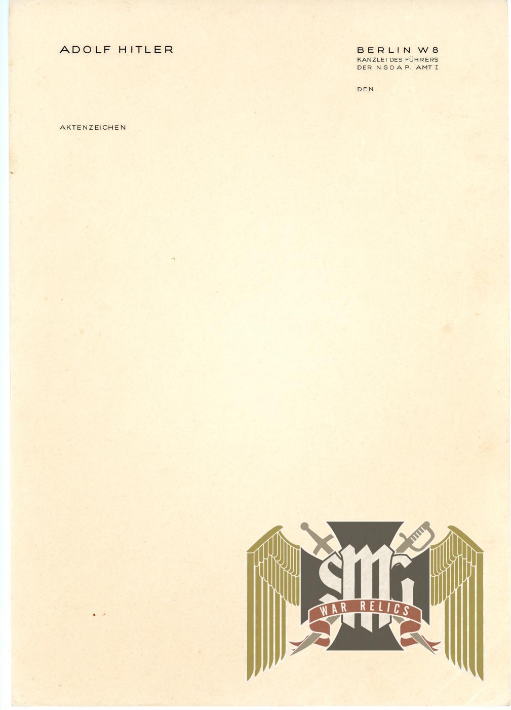 Adolf Hitler Berlin Chancellery Stationary