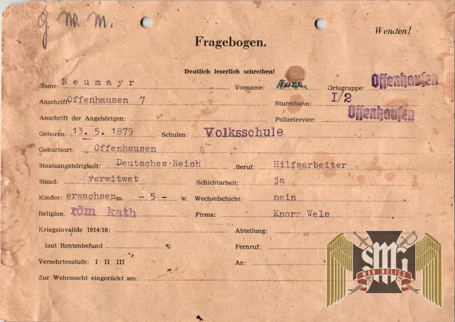 Questionnaire forms (military registration?)