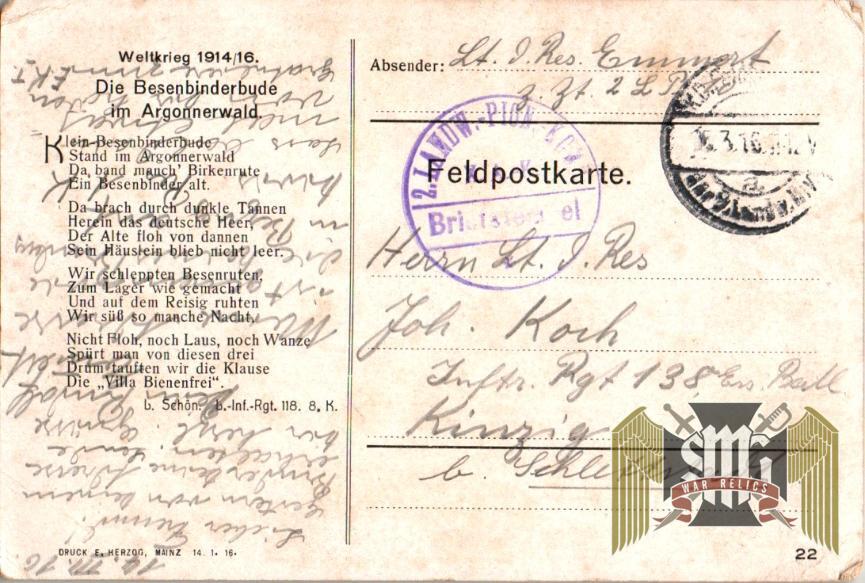 WW1 Postcard Argonne Forest poem