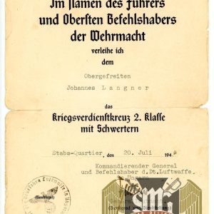 War Merit 2nd class Award document Signed by Generalleutnant