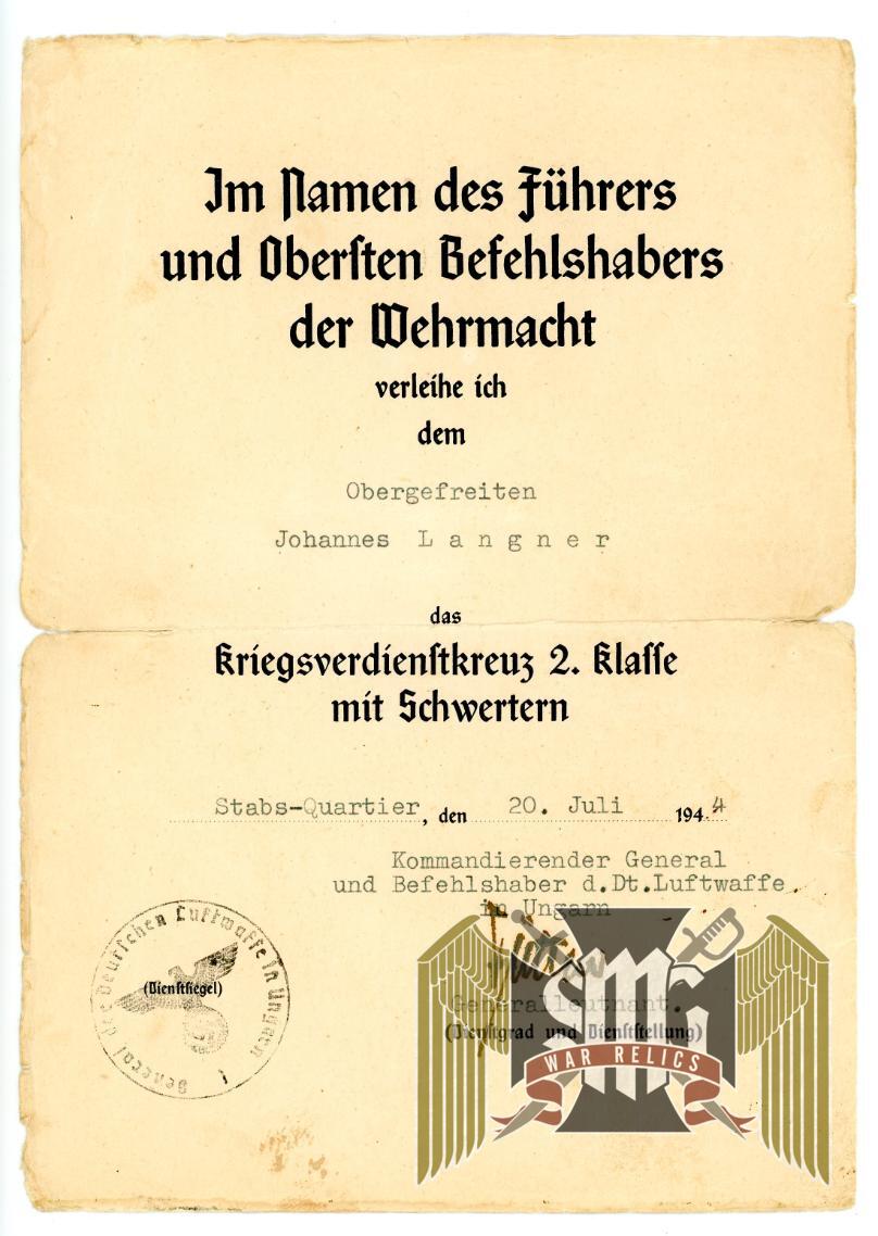 War Merit 2nd class Award document Signed by Generalleutnant