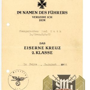 Iron Cross 2nd class Award document Signed by Generalleutnant