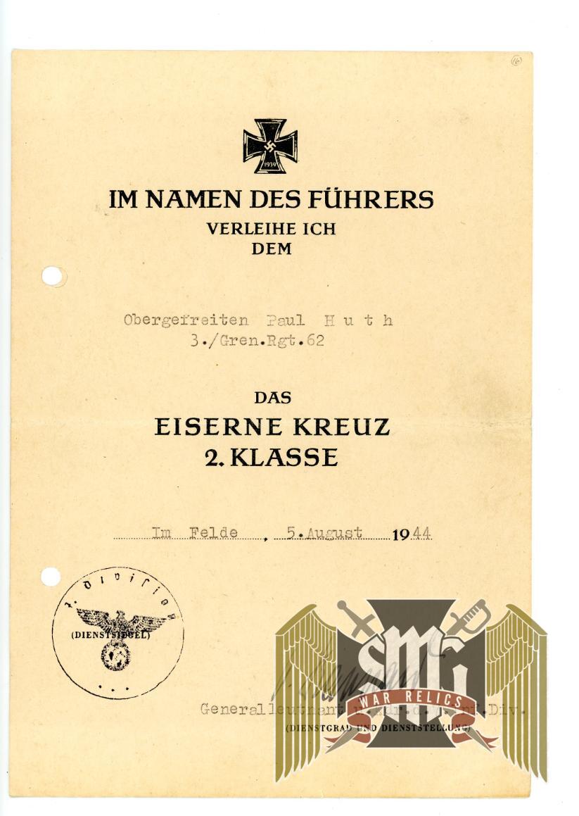 Iron Cross 2nd class Award document Signed by Generalleutnant