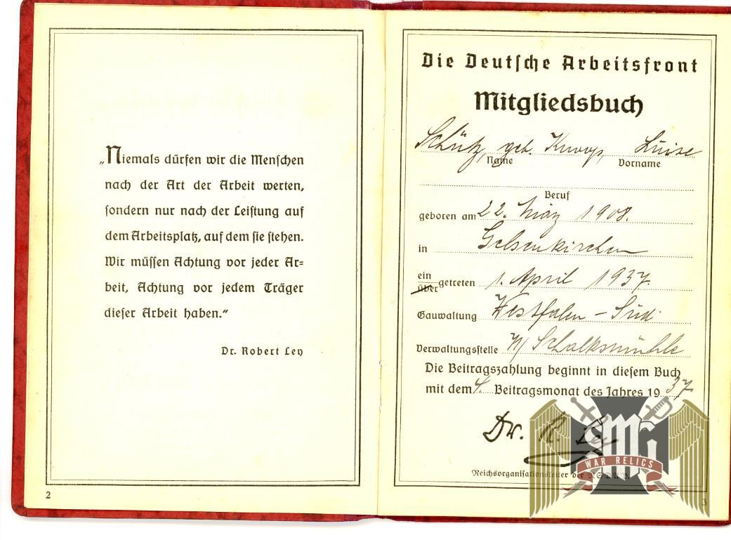 DAF Member Book for Luise Schnitz
