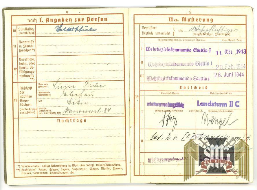 Wehrpass "Franz Fischer" With Employment note and disability card
