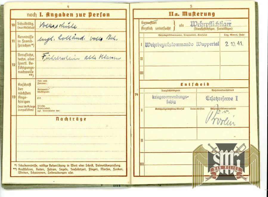 Wehrpass "Friedrich Schmilz" Reservist