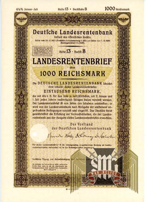Landesrentenbrief 1939 3 pc set 100, 500, 1,000 Reichsmarks