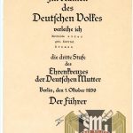 Mother's Cross Award Document for Bronze Cross to Mathilde Luder
